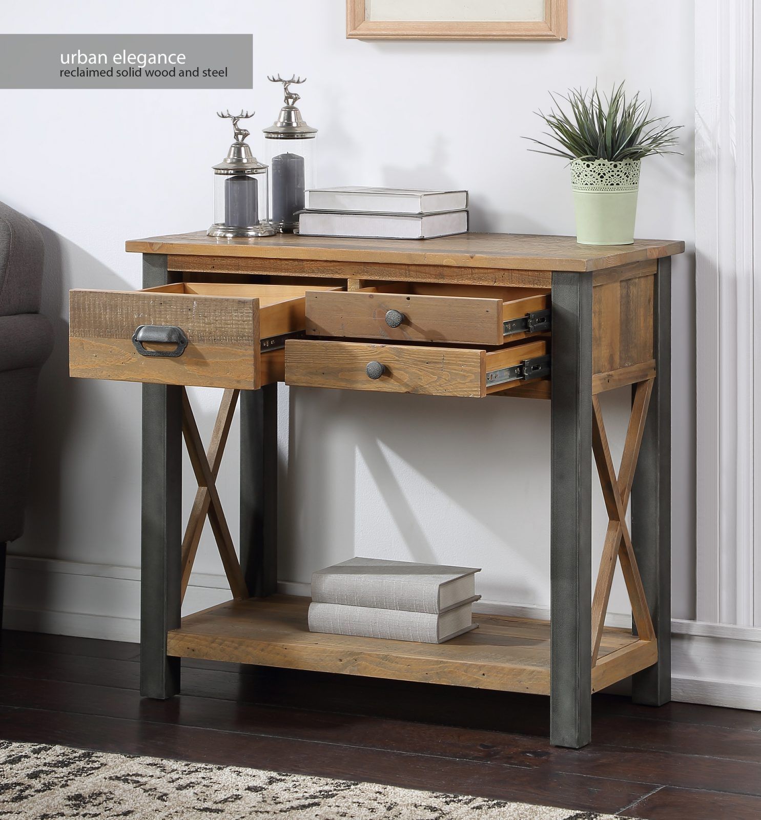Urban Elegance – Reclaimed Small Console Table – Mango Wood Furniture For Open Storage Console Tables (View 15 of 20)