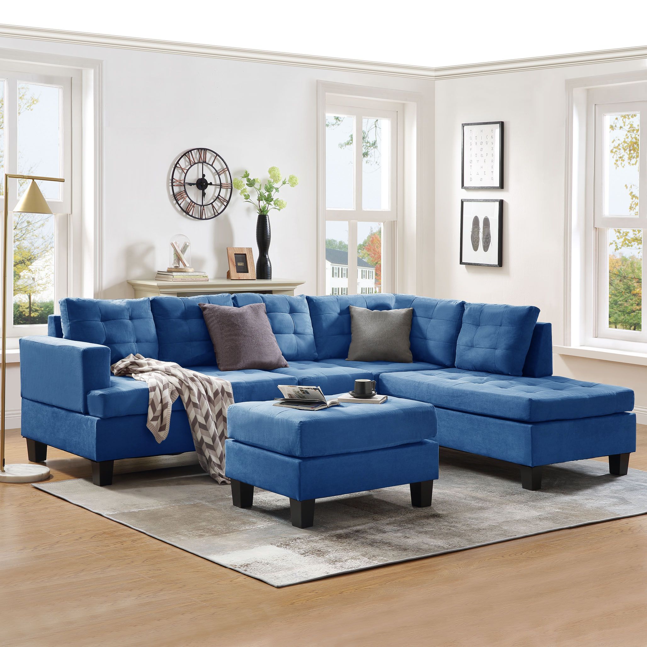 Urhomepro L Shape Mid Century Sofa, 105"w Modern Sectional Sofa With Pertaining To Blue Fabric Lounge Chair And Ottomans Set (View 6 of 20)