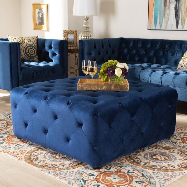Urrutia Button Tufted Cocktail Ottoman | Blue Velvet Fabric, Cocktail Throughout Natural Fabric Square Ottomans (View 4 of 20)