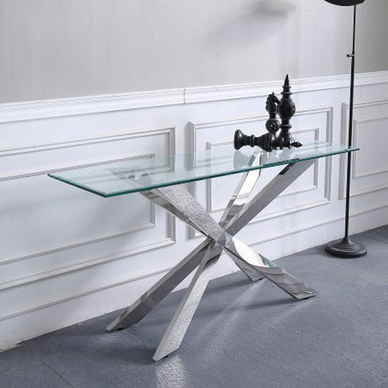 Urvin Clear Glass Console Table With Silver Stainless Steel Legs In Glass And Stainless Steel Console Tables (View 12 of 20)