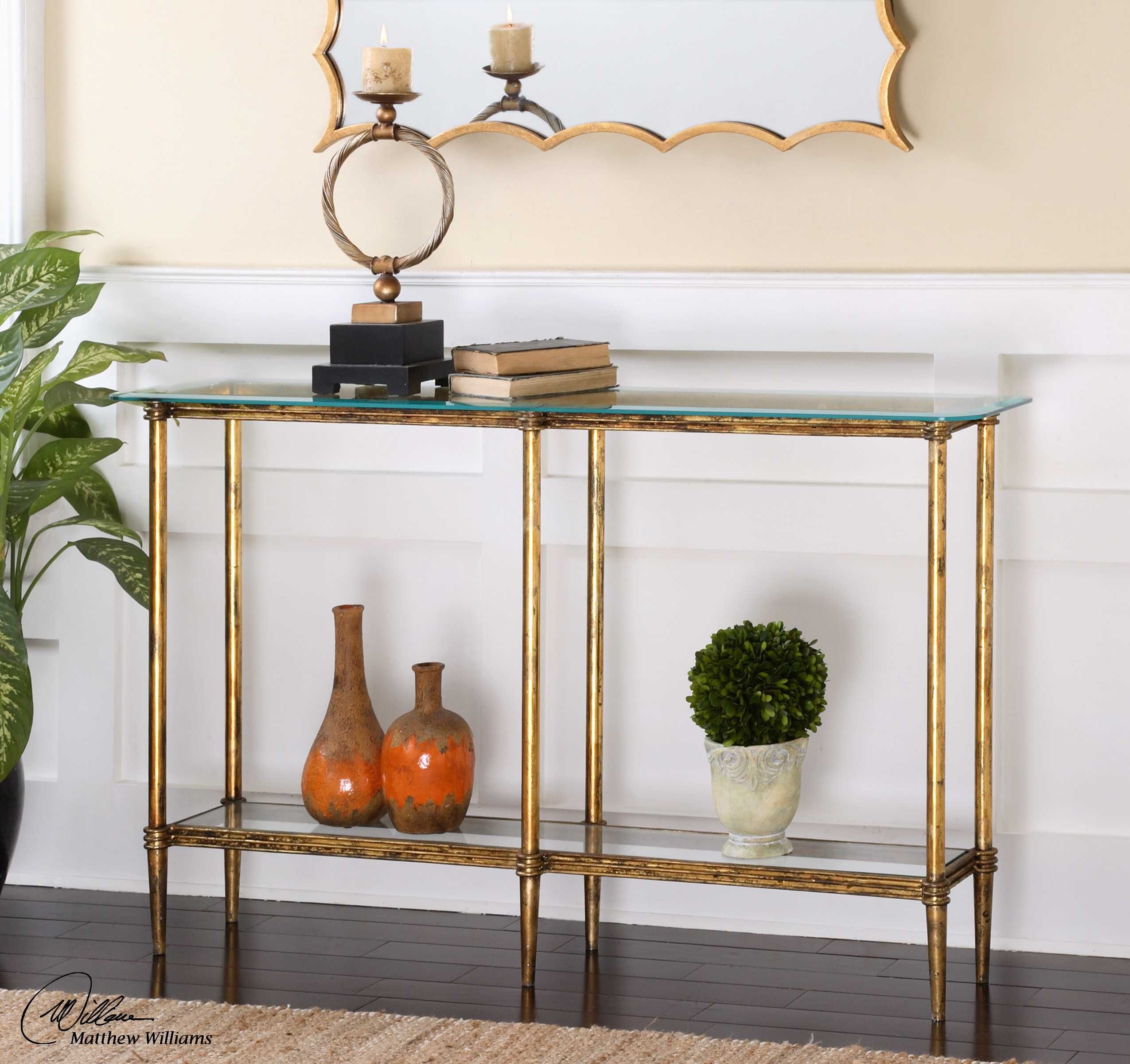 Uttermost Elenio 54 X 12 Rectangular Glass Console Table | Ut24421 Throughout Silver Leaf Rectangle Console Tables (View 17 of 20)
