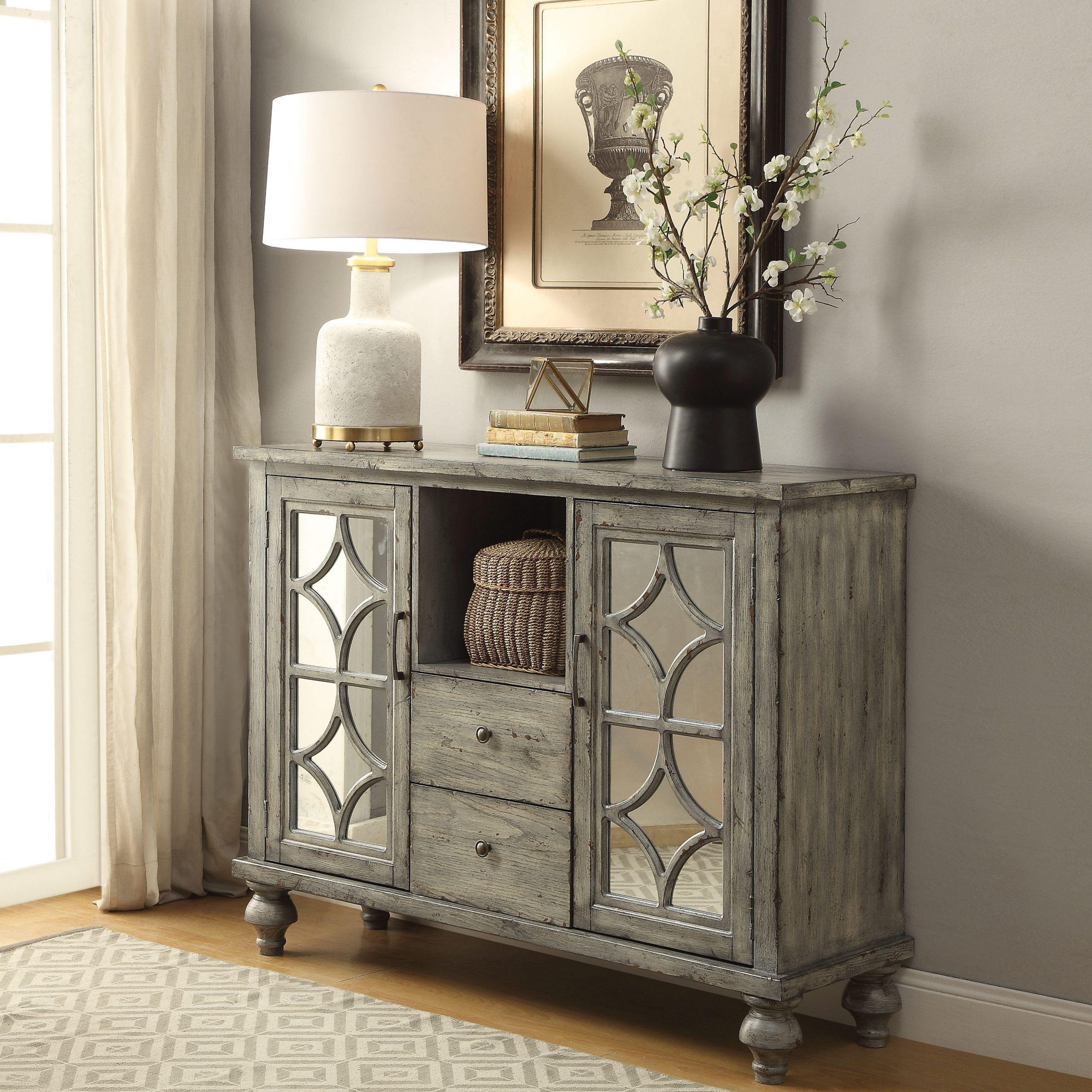 Velika Console Table With 2 Doors And 2 Drawers, Weathered Gray Throughout Gray And Black Console Tables (View 4 of 20)