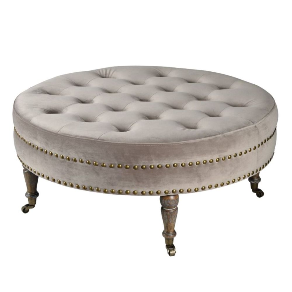 Velvet Ottoman Gray With Aged Legs On Wheels Tufted  (View 12 of 20)
