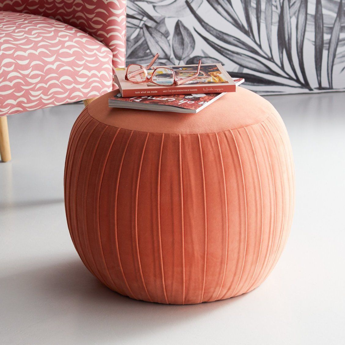 Velvet Pleated Round Pouf Ottomandrew Barrymore Flower Home | Pouf With Velvet Pleated Square Ottomans (View 18 of 20)