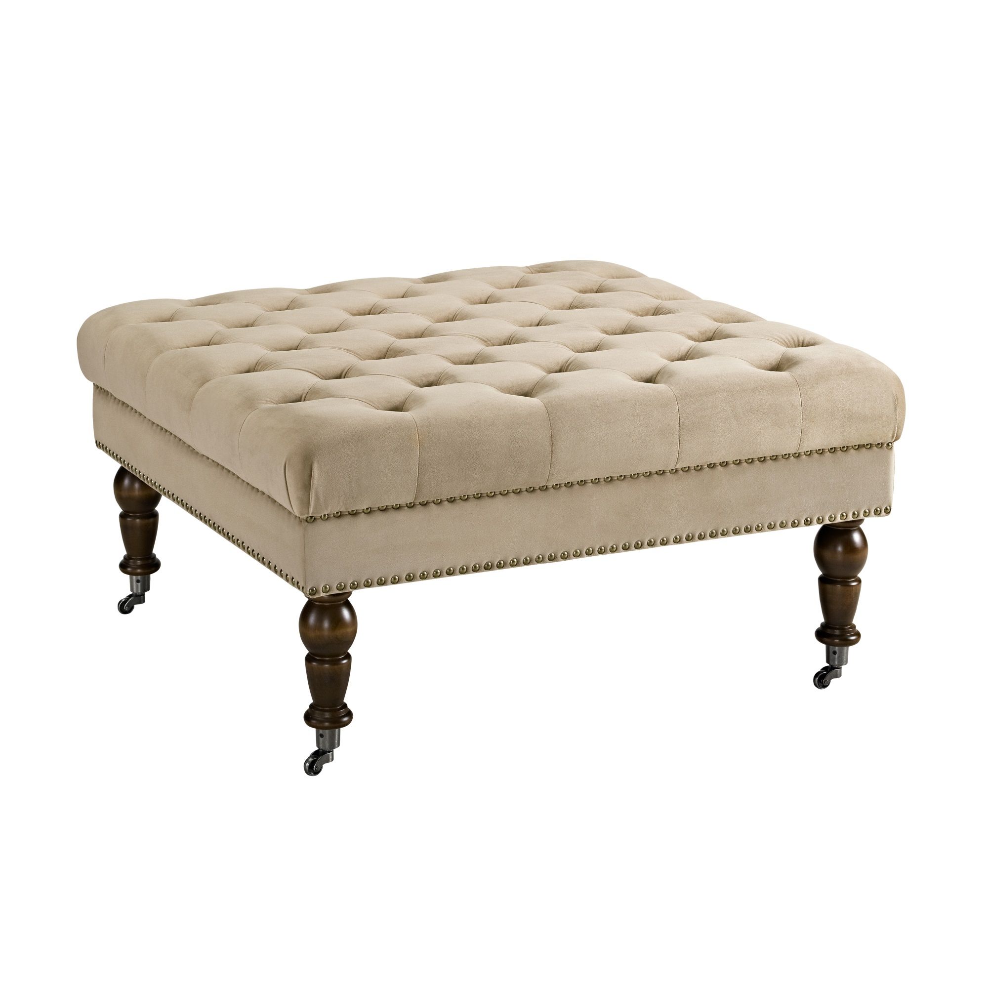 Velvet Upholstered Square Tufted Ottoman With Casters, Beige And Brown Regarding Brown And Gray Button Tufted Ottomans (View 7 of 20)