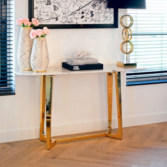 Veneta White Marble Console Table With Gold Steel Legs | Furniture In Intended For White Marble Gold Metal Console Tables (View 3 of 20)