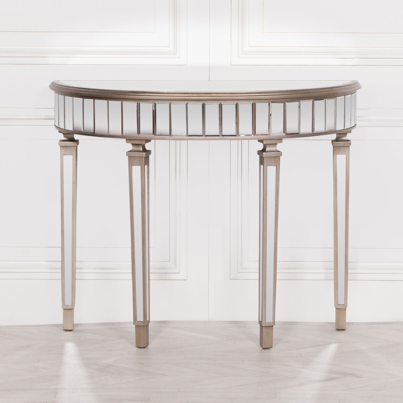 Venetian Hall Demilune Mirrored Silver Console Table For Antique Silver Aluminum Console Tables (View 2 of 20)