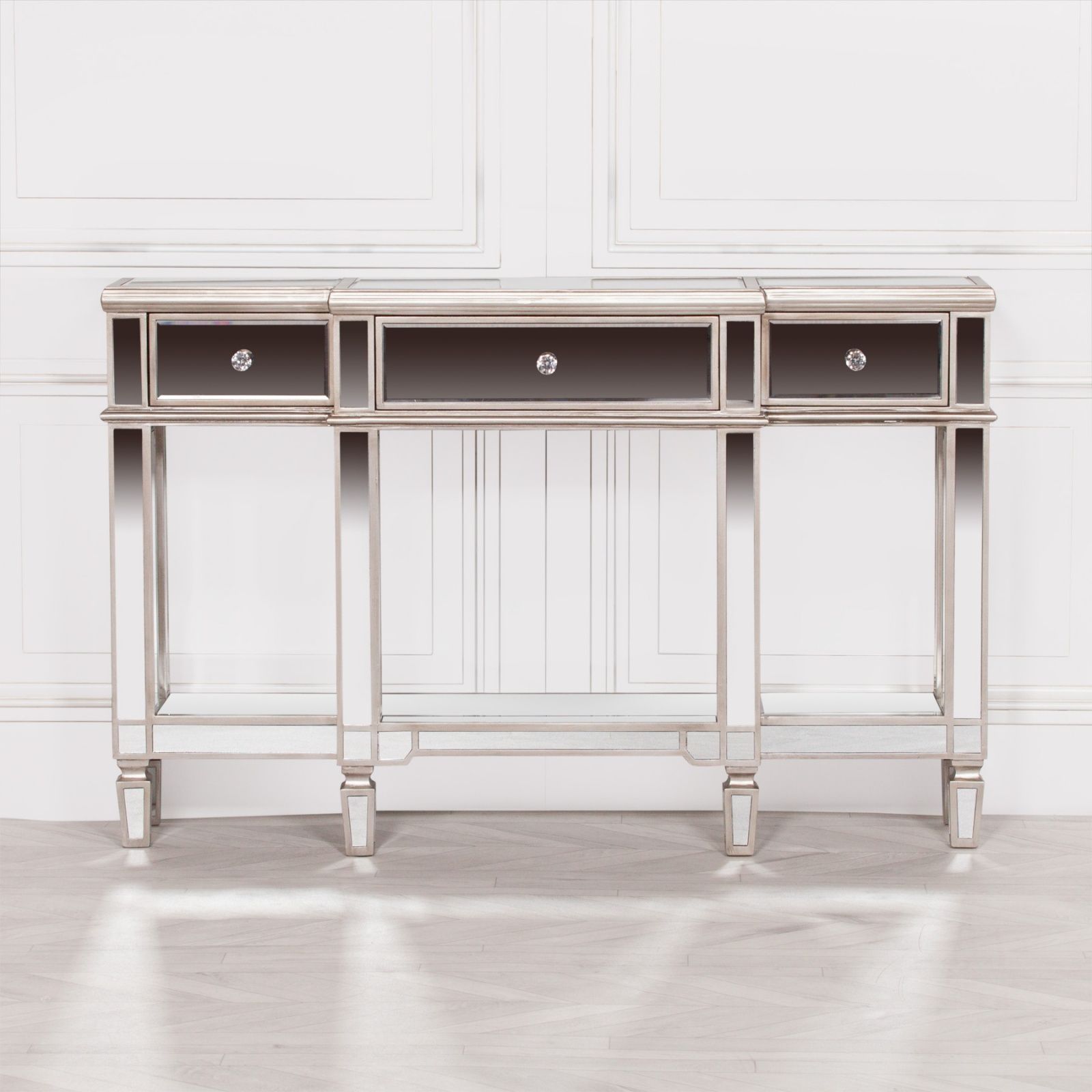 Venetian Hall Demilune Mirrored Silver Console Table Pertaining To Silver Console Tables (View 7 of 20)