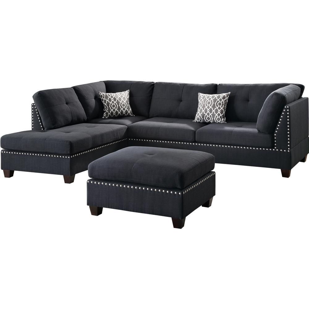 Venetian Worldwide Florence 2 Piece Black Fabric 6 Seater L Shaped Within Black Fabric Ottomans With Fringe Trim (View 18 of 20)