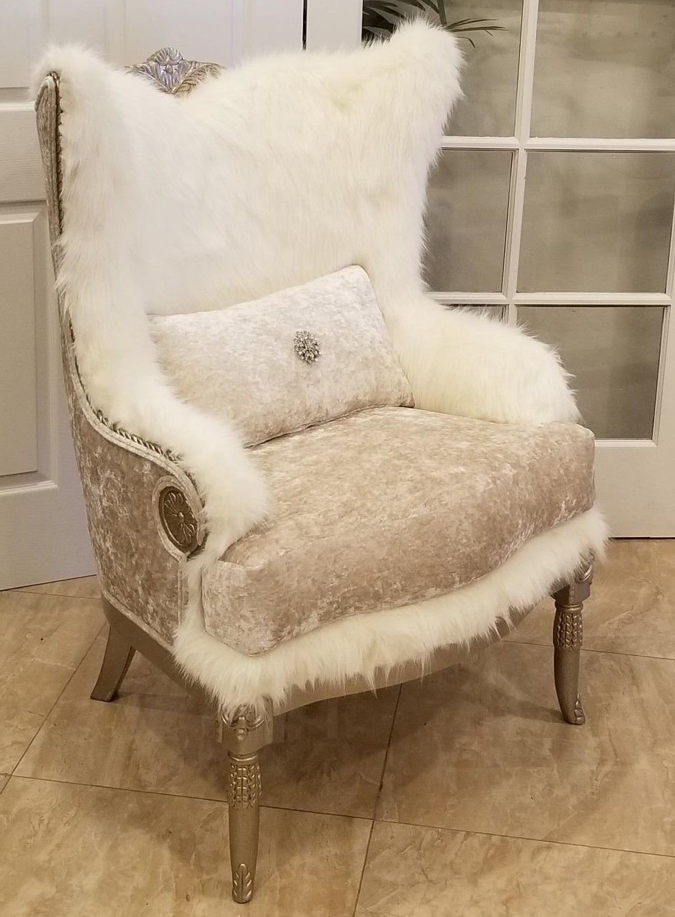 Versailles Traditional Plush Beige Velvet Wing Chair W/white Fur Throughout Light Beige Round Accent Stools (View 18 of 20)