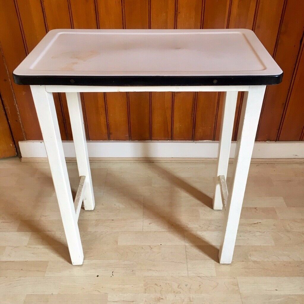 Vintage 1940/50s White Enamel Top Kitchen Console Side Table | In Intended For White Grained Wood Hexagonal Console Tables (View 4 of 20)