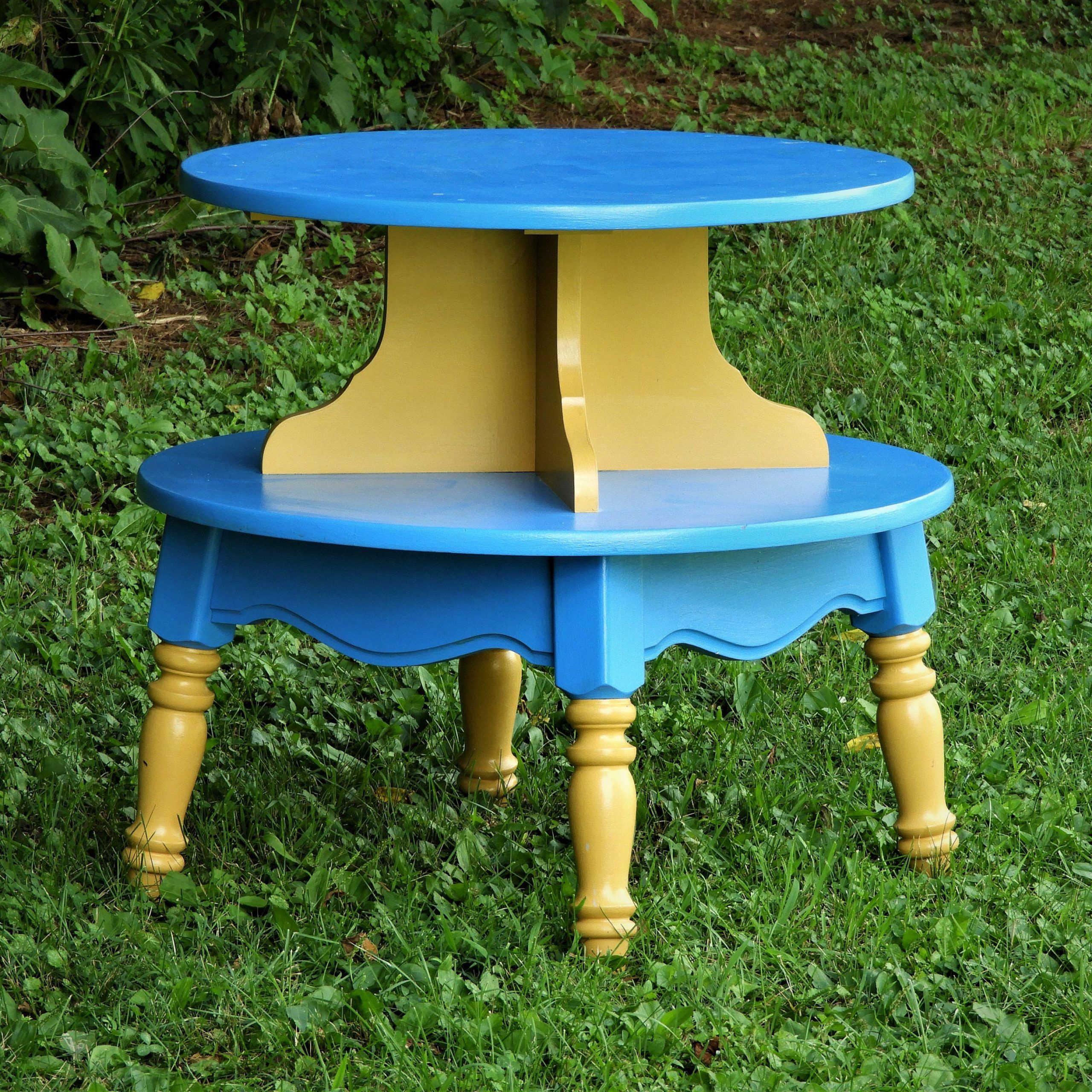 Vintage Accent Table, Two Tiered End Table, Round Blue & Gold Stand Pertaining To Blue And Gold Round Side Stools (View 18 of 20)