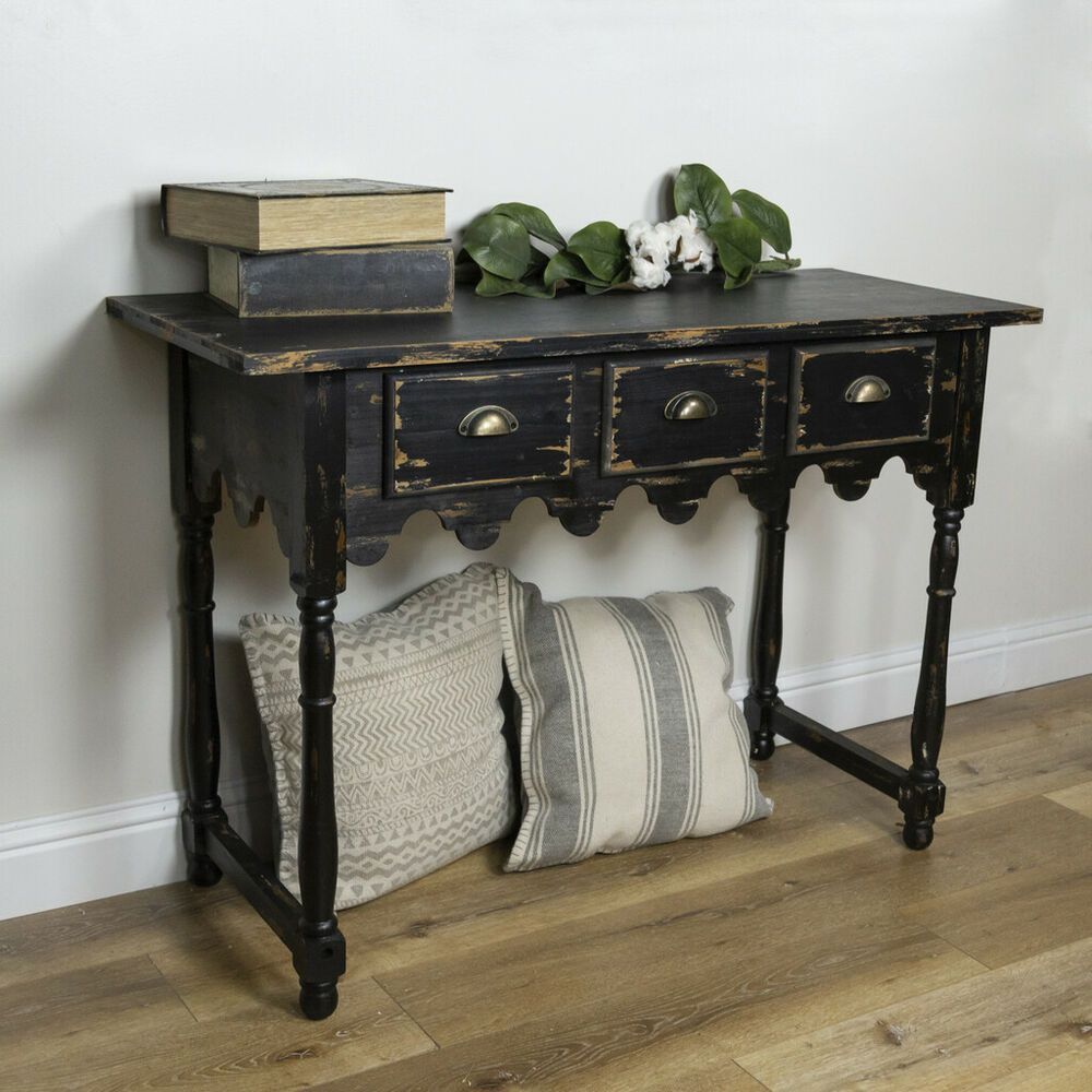Vintage Black Wooden Accent Table With Three Drawers Distressed Sofa Throughout Square Weathered White Wood Console Tables (View 5 of 20)