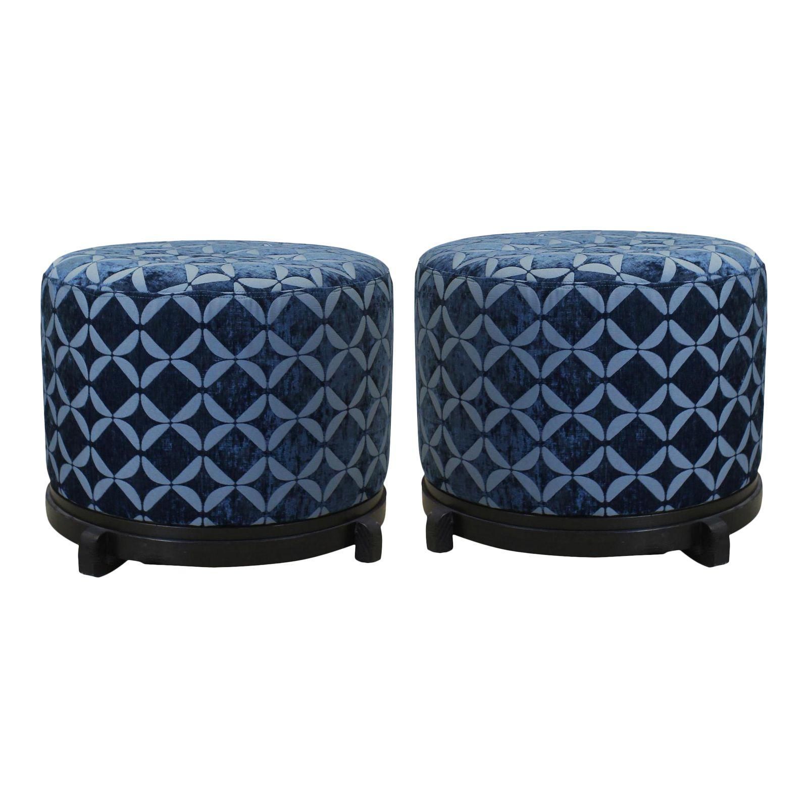 Vintage Blue Upholstered Round Ottomans – A Pair – Image 1 Of 5 Throughout Textured Aqua Round Pouf Ottomans (Gallery 20 of 20)