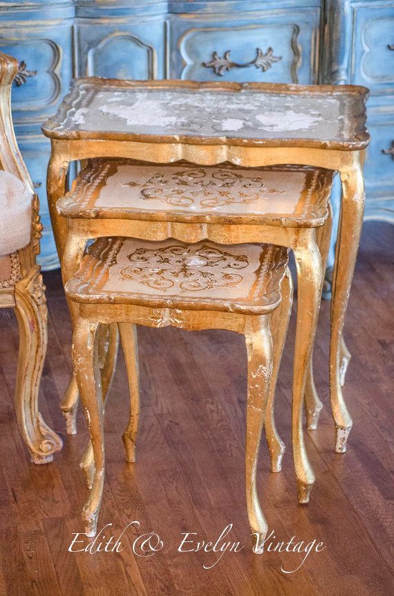 Vintage Florentine Nesting Tables, Italian, Authentic, Wood, White And For Antique Gold Nesting Console Tables (View 4 of 20)