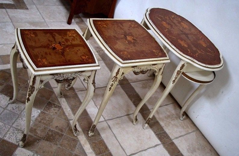 Vintage French Nesting Tables Gold White Finish Original | Etsy For Antique Gold Nesting Console Tables (View 11 of 20)