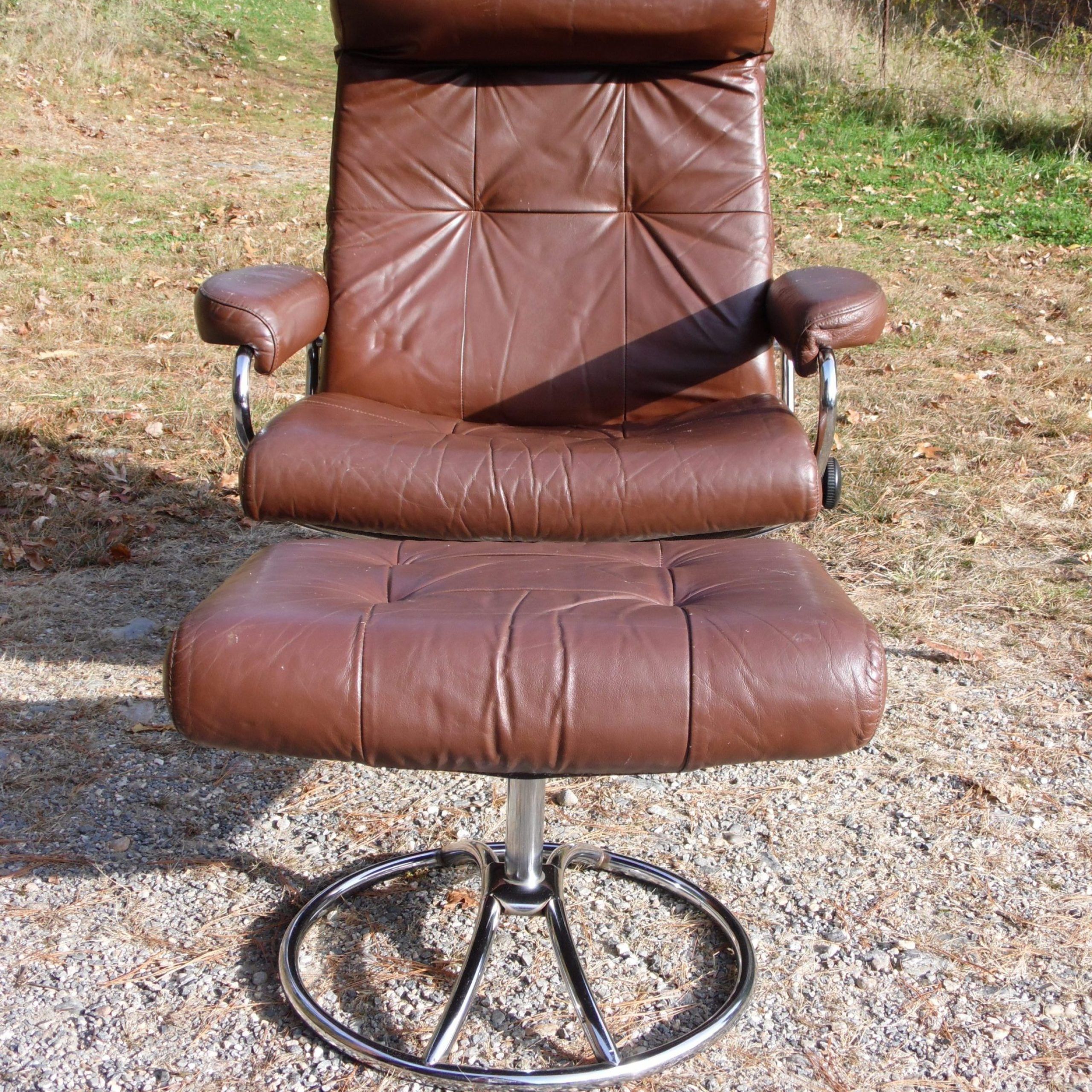 Vintage Mid Century Modern Ekornes Stressless Lounge Chair & Ottoman Within Chrome Swivel Ottomans (View 20 of 20)