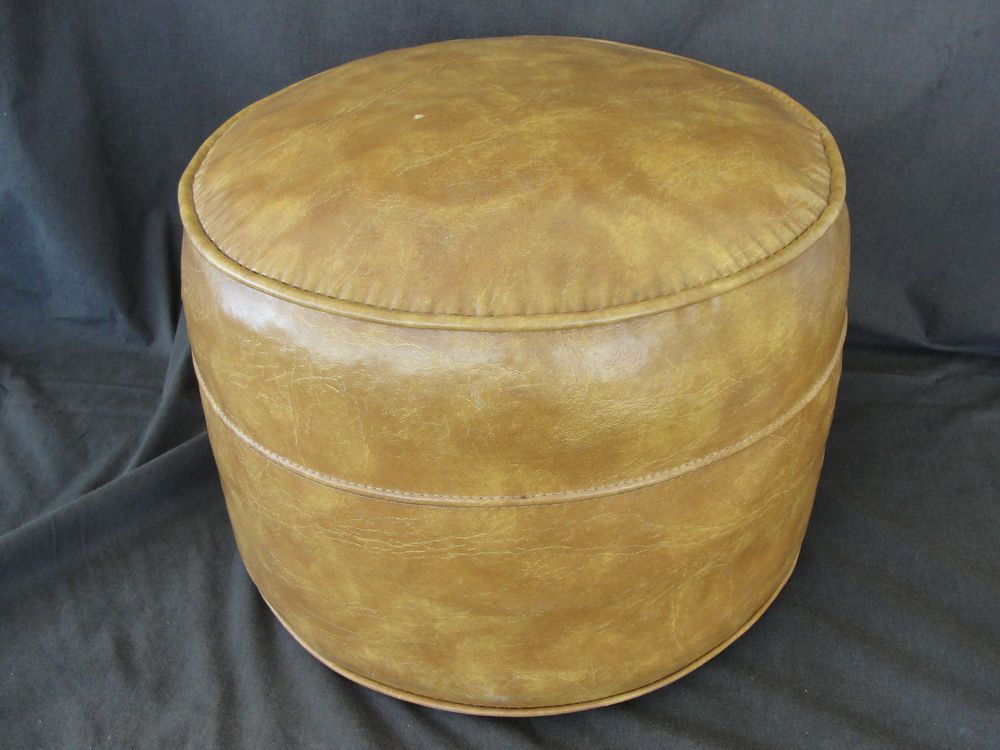 Vintage Mid Century Modern Round Brown Vinyl Foot Stool Ottoman Hassock Throughout Brown Leather Tan Canvas Pouf Ottomans (View 18 of 20)