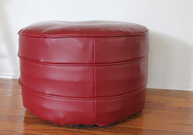 Vintage Mid Century Red Faux Leather Round Ottoman Stool // | Etsy Regarding Round Blue Faux Leather Ottomans With Pull Tab (Gallery 19 of 20)