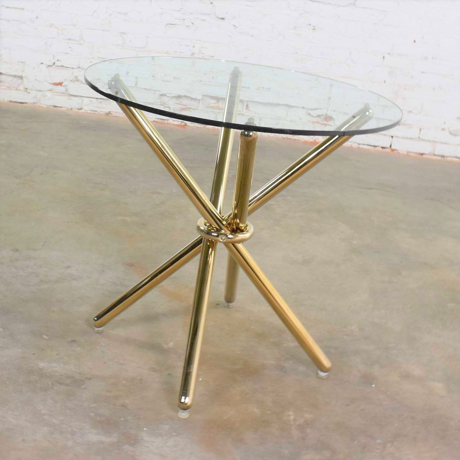 Vintage Modern Brass Plated Jax Center Or End Table With Round Glass Throughout Antique Brass Aluminum Round Console Tables (View 9 of 20)
