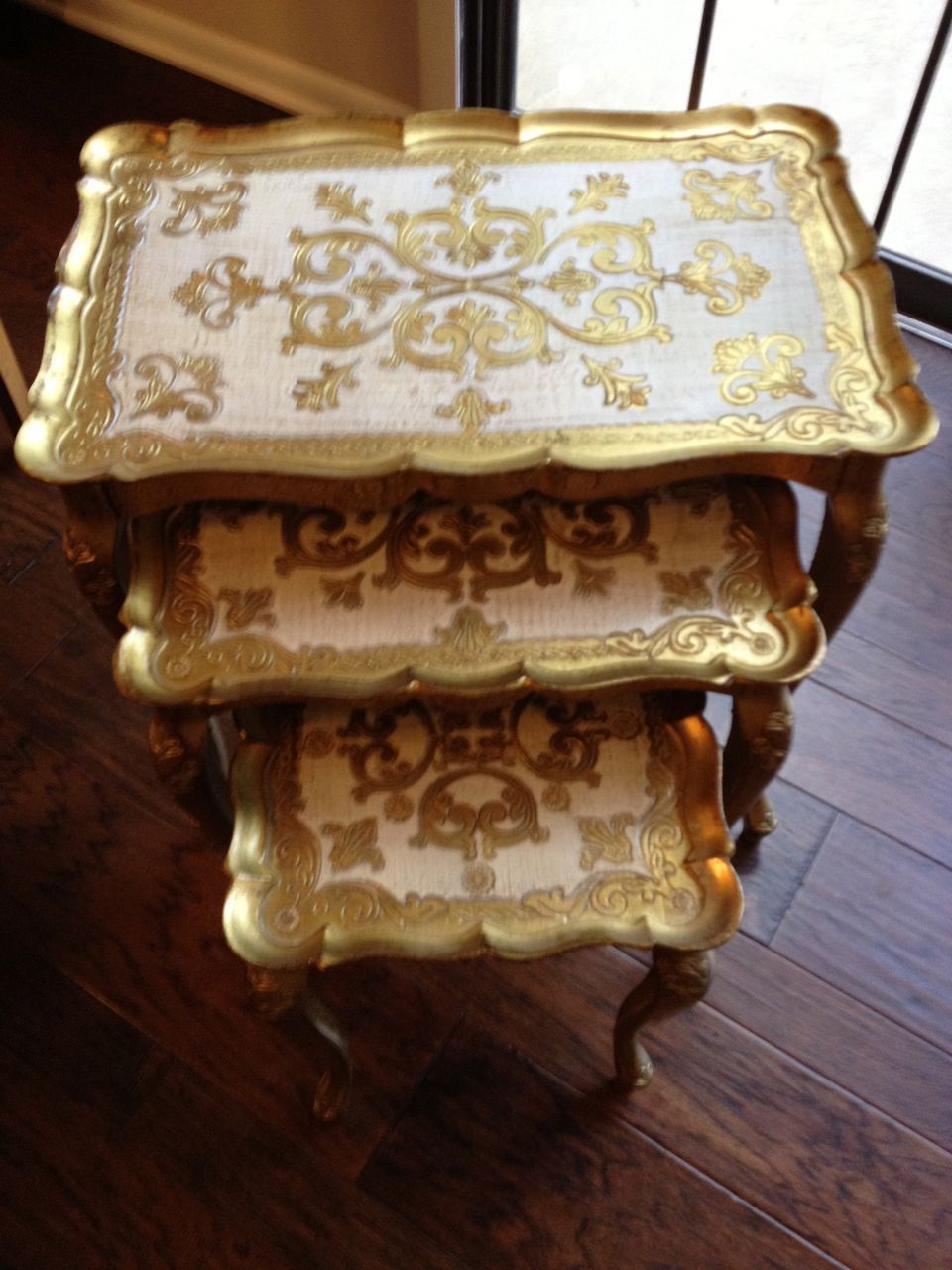 Vintage Nesting Tables Italy Stacking Gold Gilded Tole Italian Inside Antique Gold Nesting Console Tables (View 12 of 20)