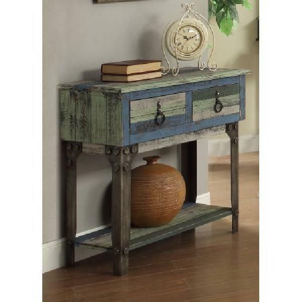 Vintage Rustic Small Console Sofa Table Distressed 2 Drawer Wood Blue For Brown Wood And Steel Plate Console Tables (View 12 of 20)