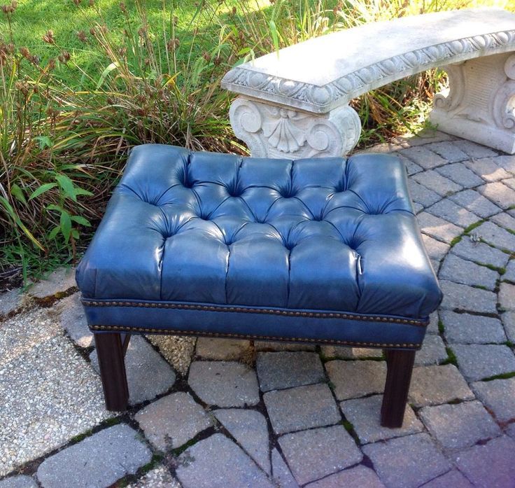 Vintage Tufted Leather Ottoman Coffee Table Bench Blue | Leather Pertaining To Espresso Leather And Tan Canvas Pouf Ottomans (View 13 of 20)