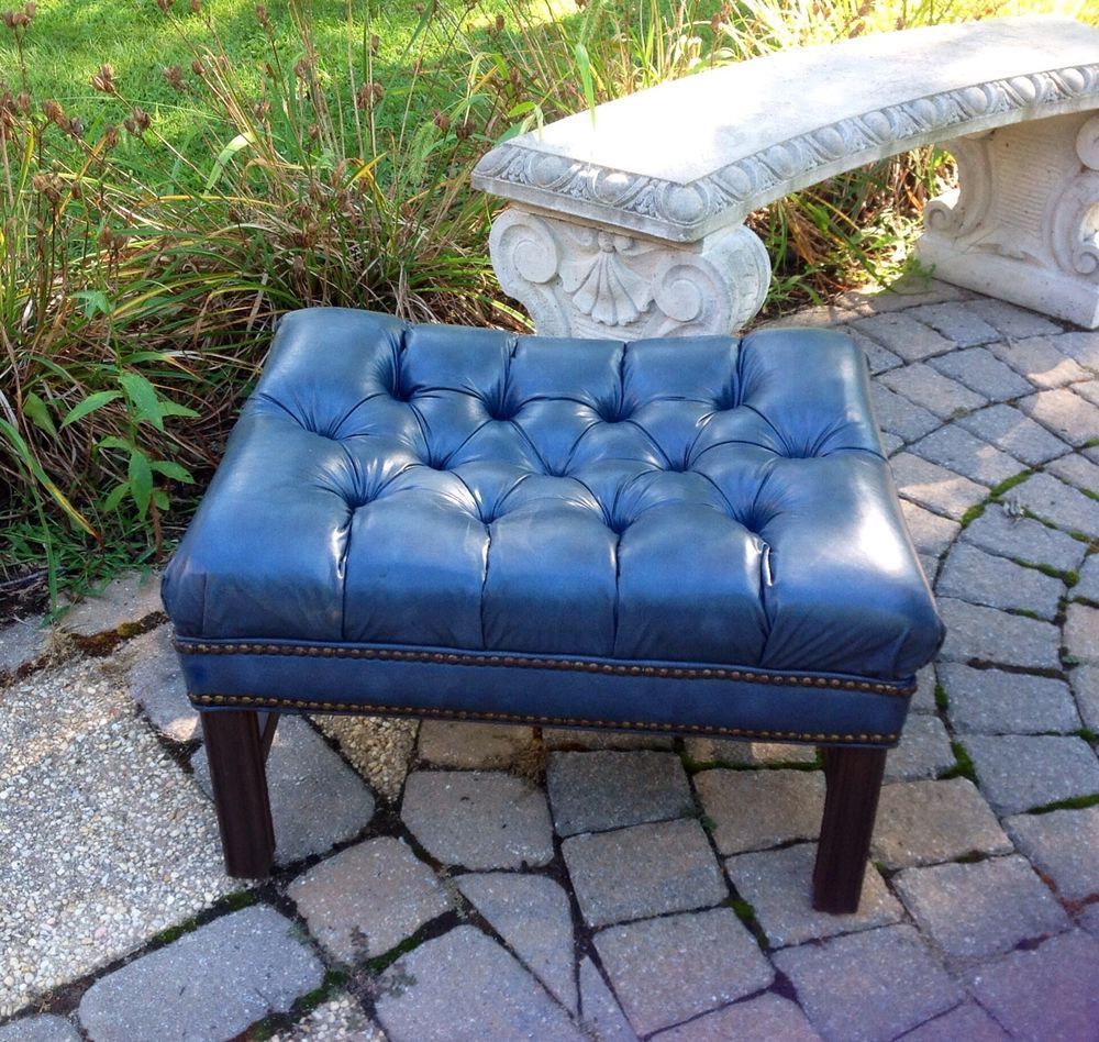 Vintage Tufted Leather Ottoman Coffee Table Bench Blue | Leather Throughout Black Leather And Bronze Steel Tufted Ottomans (Gallery 20 of 20)