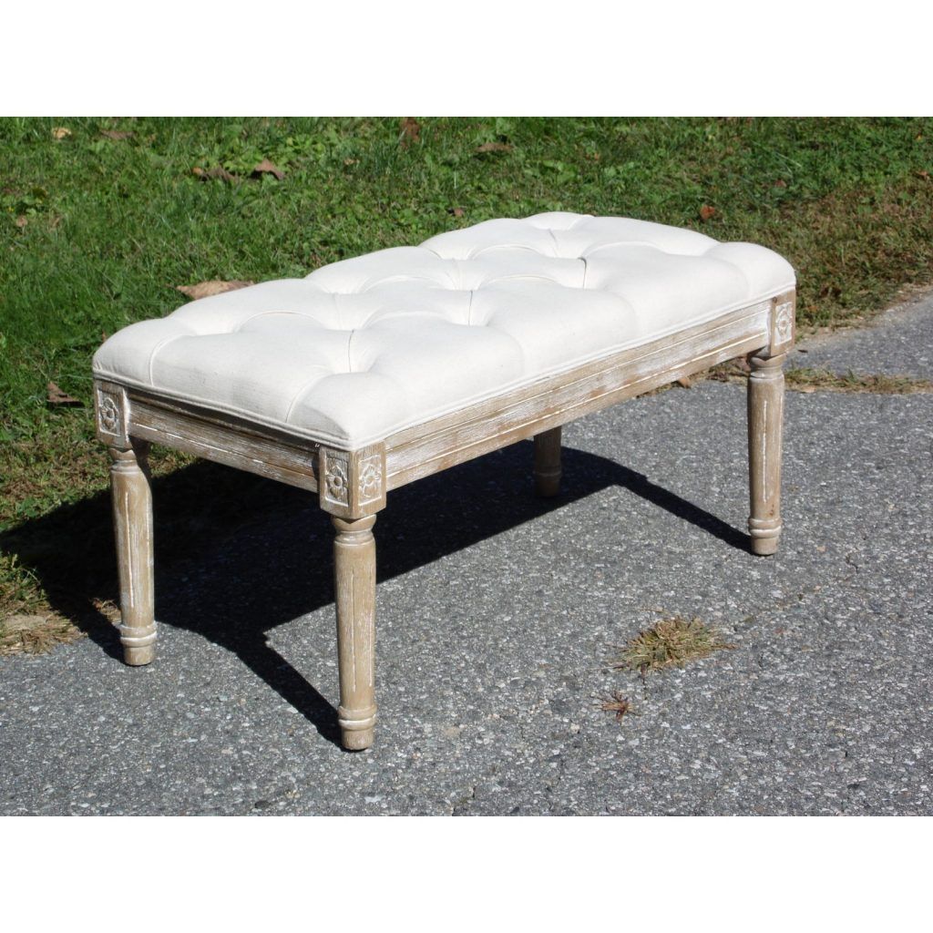 Vintage Whitewash Button Tufted Upholstered Bench Duet Piano Bench Intended For Ivory Button Tufted Vanity Stools (View 11 of 20)