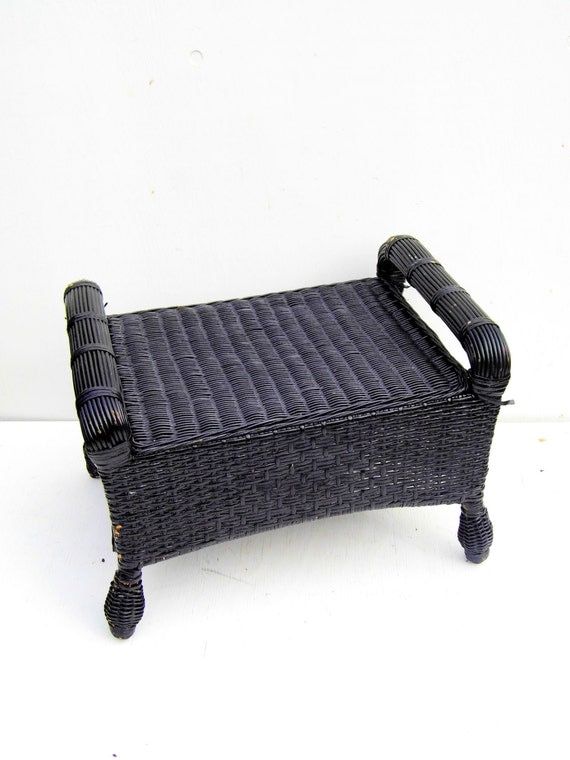 Vintage Wicker Footstool Mid Century Black Wicker Stool For Black And Off White Rattan Ottomans (View 11 of 19)