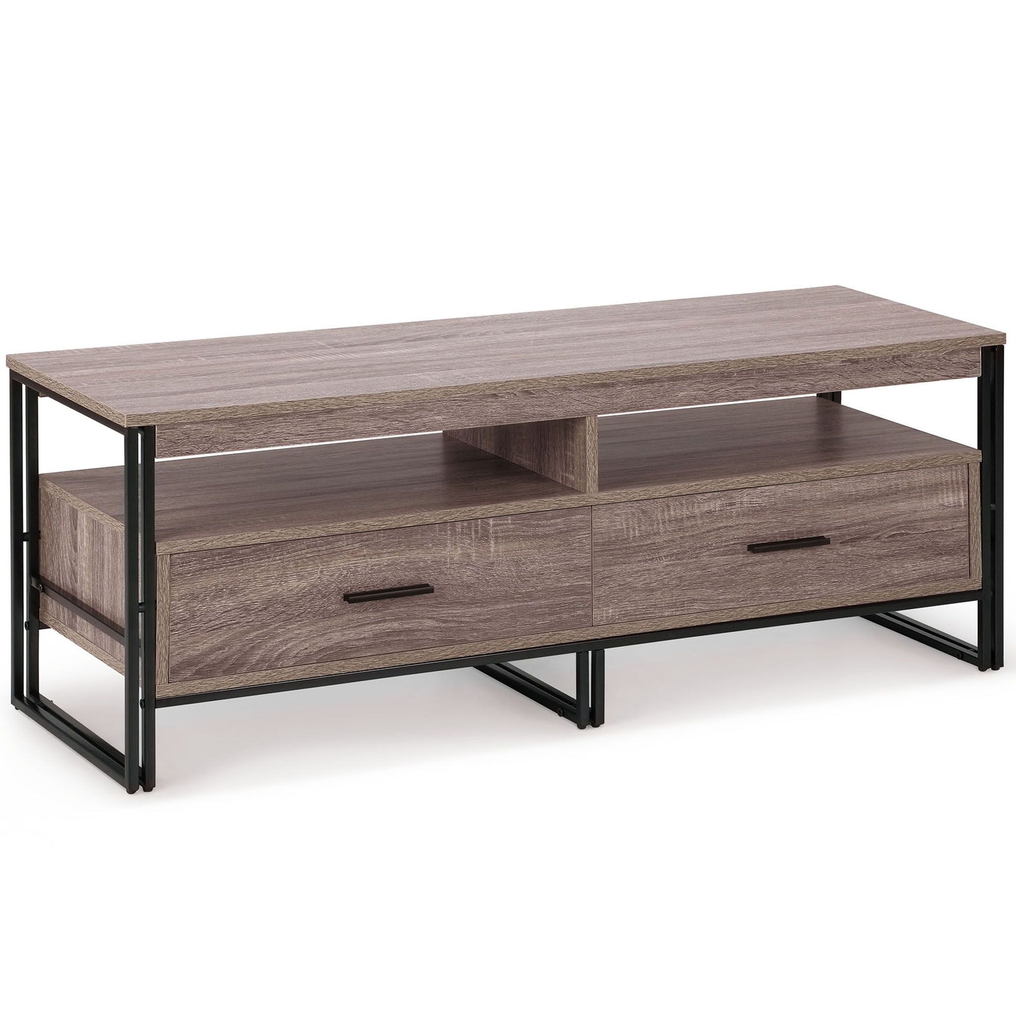 Vonhaus Tv Unit – Industrial Tv Stand Cabinet With 2 Drawers, Walnut Within Walnut Wood Storage Trunk Console Tables (View 7 of 20)