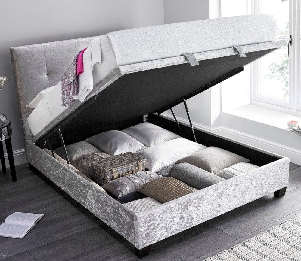 Walkworth Silver Velvet Fabric Ottoman Storage Bed Pertaining To Honeycomb Silver Velvet Fabric Ottomans (View 19 of 20)
