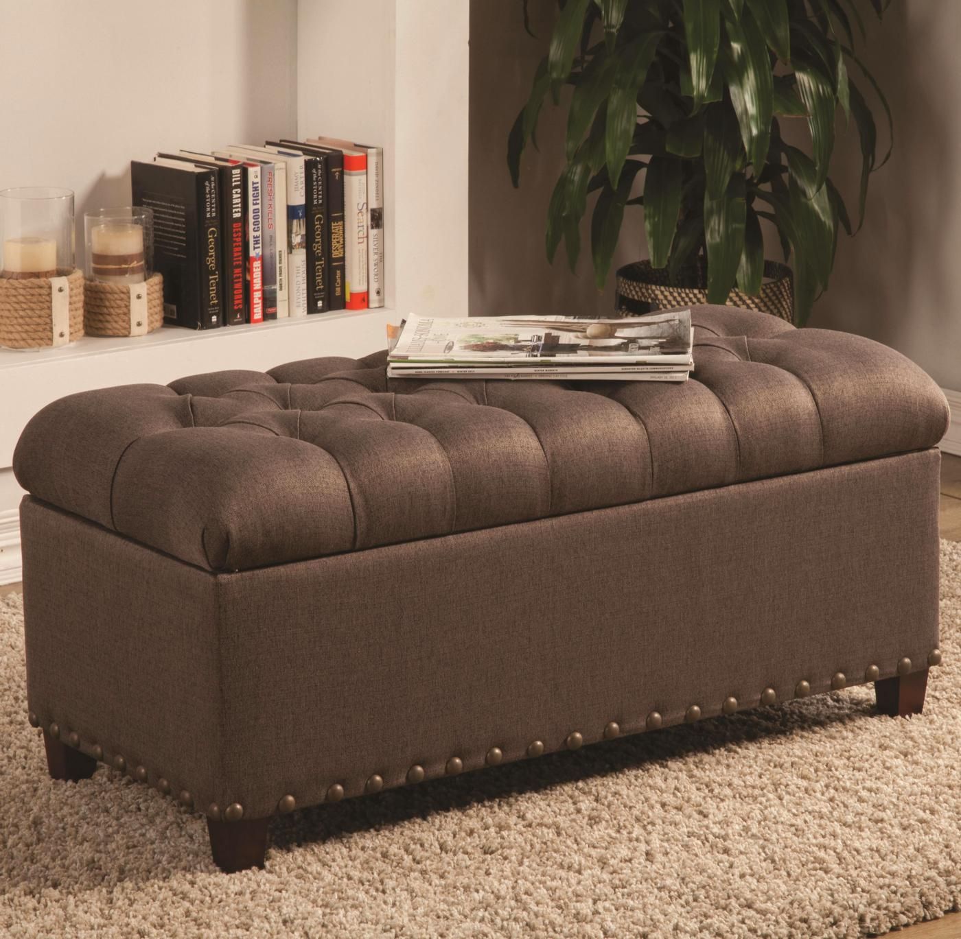 Warm Brown Tone Fabric Ottoman Tufted Storage Bench Within Brown And Gray Button Tufted Ottomans (View 15 of 20)