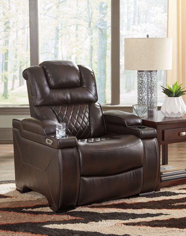 Warnerton – Chocolate – Pwr Recliner/adj Headrest | Furniture Warehouse Throughout Faux Leather Ac And Usb Charging Ottomans (View 11 of 20)