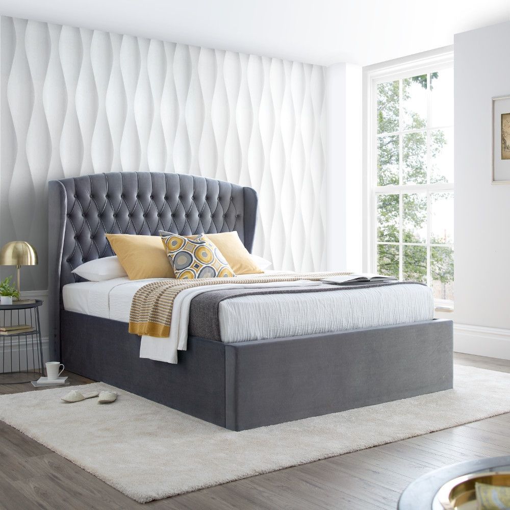 Warwick Grey Velvet Fabric Ottoman Bed With Regard To Honeycomb Silver Velvet Fabric Ottomans (View 16 of 20)