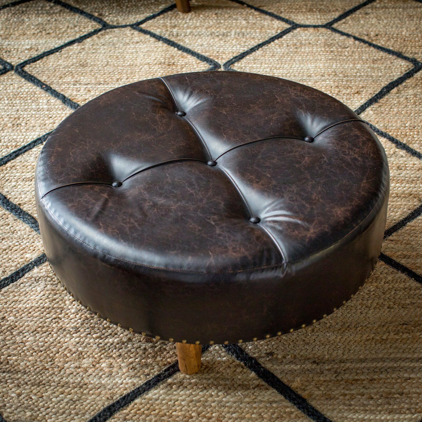Weathered Brown Faux Leather 31" Round Cocktail Ottoman Foot Stool W Intended For Brown Leather Tan Canvas Pouf Ottomans (Gallery 19 of 20)