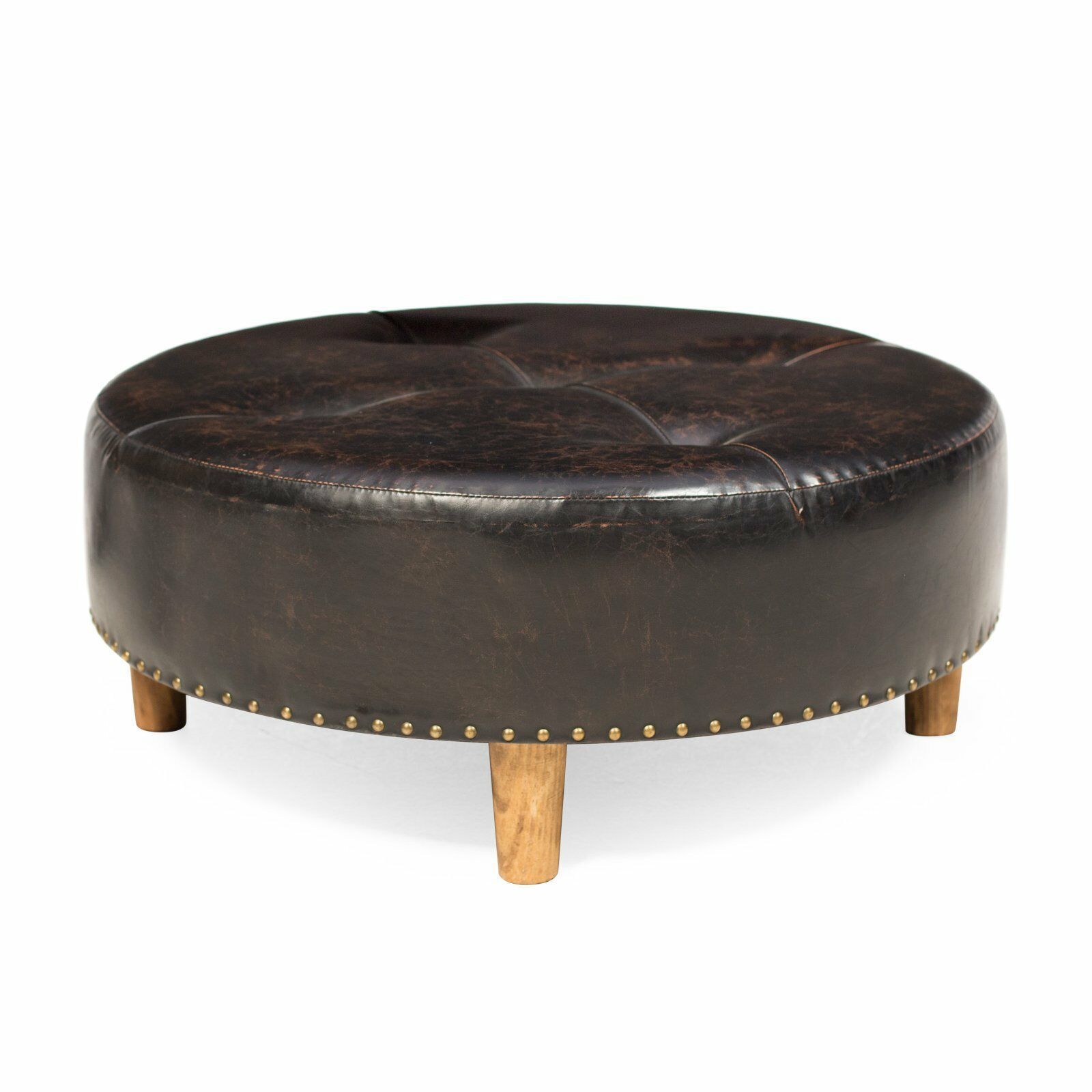 Weathered Brown Faux Leather 31" Round Cocktail Ottoman Foot Stool W With Round Beige Faux Leather Ottomans With Pull Tab (View 13 of 20)