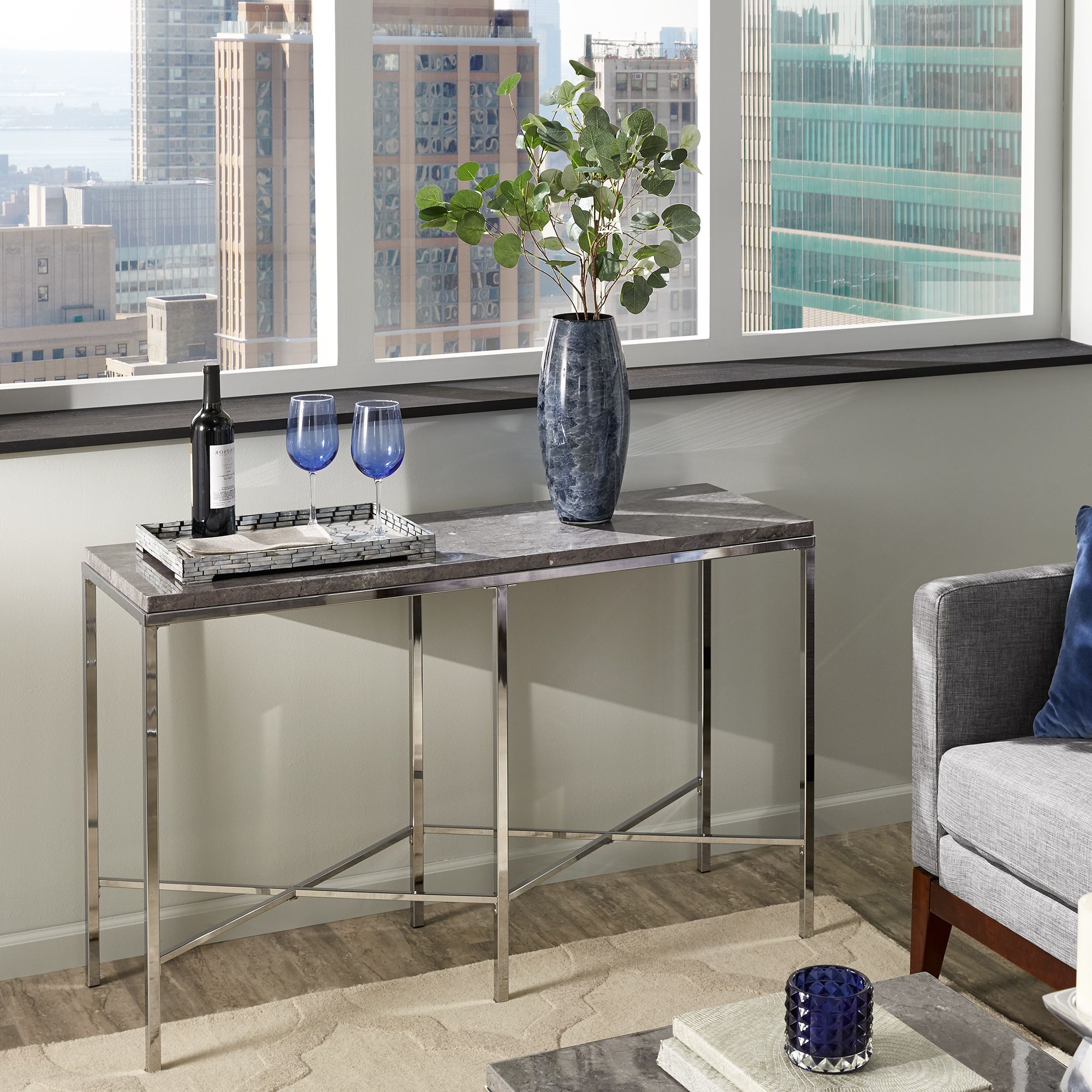 Weston Home Eevi Sofa Table With Grey Faux Marble Top, Chrome – Walmart Intended For Faux Marble Console Tables (View 9 of 20)