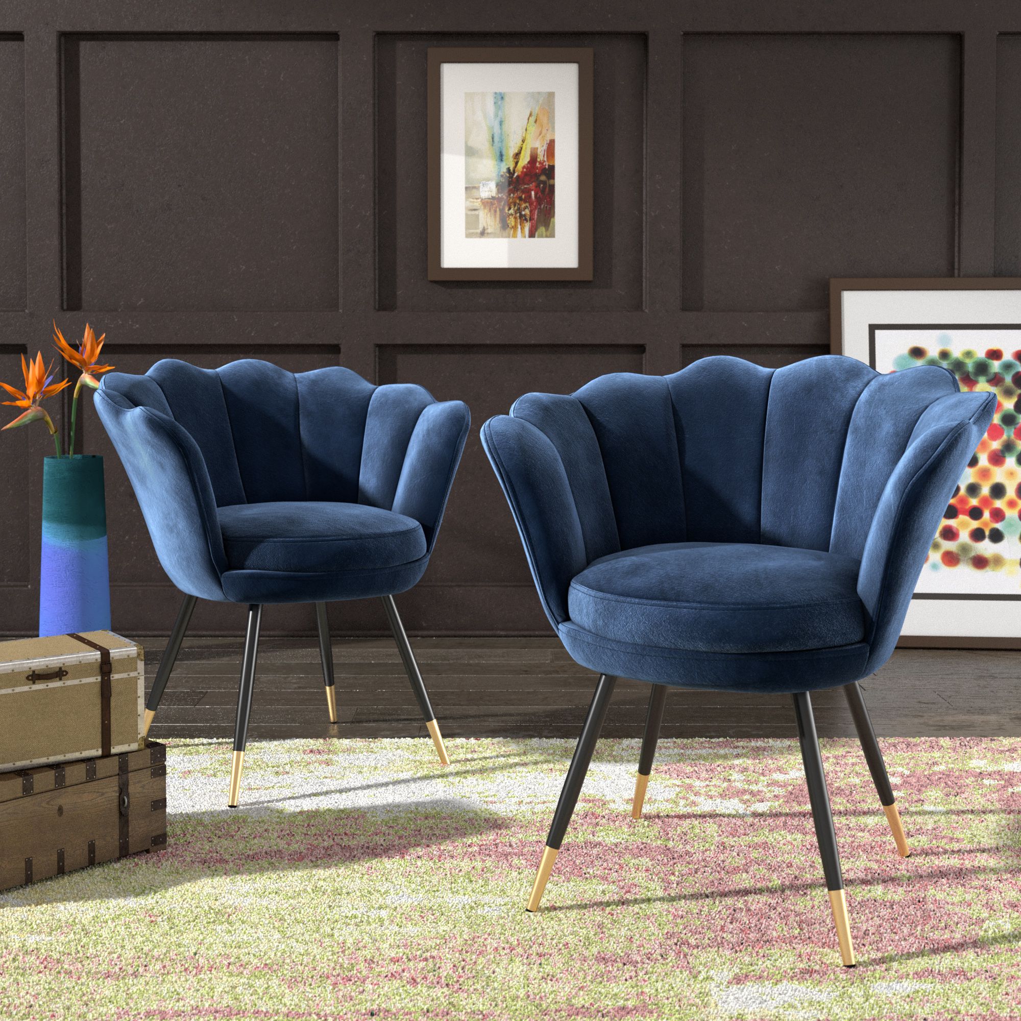 Weston Home Flora Velvet Seashell Accent Chair With Black/gold Metal In Blue And Gold Round Side Stools (View 3 of 20)
