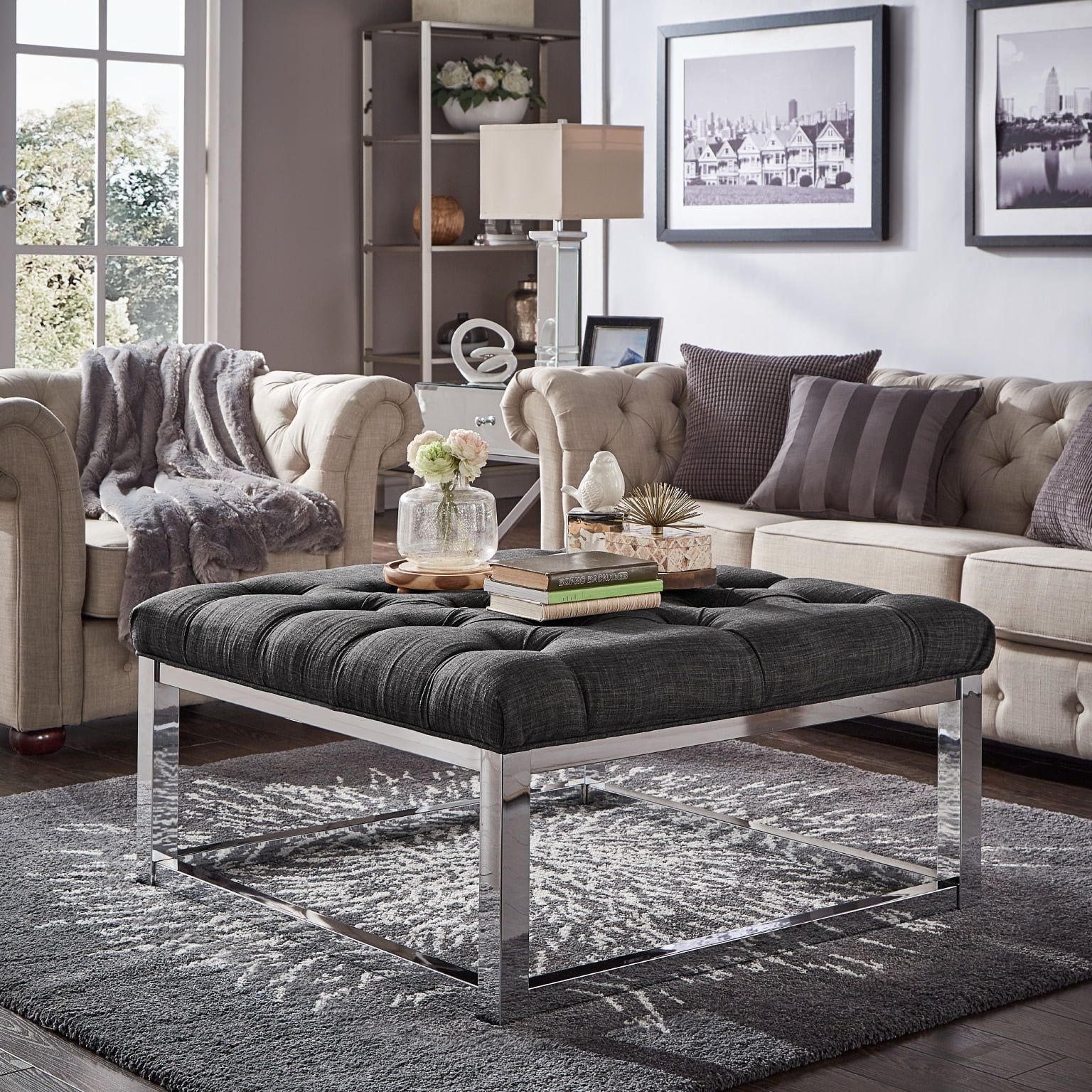 Weston Home Libby Button Tufted Cushion Ottoman Coffee Table With Throughout Chrome Metal Ottomans (View 2 of 20)