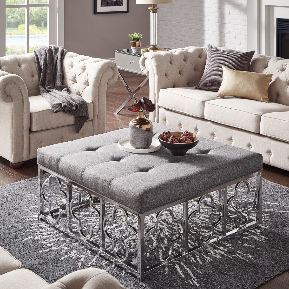 Weston Home Libby Dimple Tufted Cushion Chrome Quatrefoil Base Square For Tufted Ottoman Console Tables (View 5 of 20)