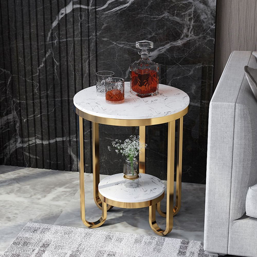 White Faux Marble Round End Table For Living Room With Storage Shelf Intended For Faux White Marble And Metal Console Tables (View 14 of 20)