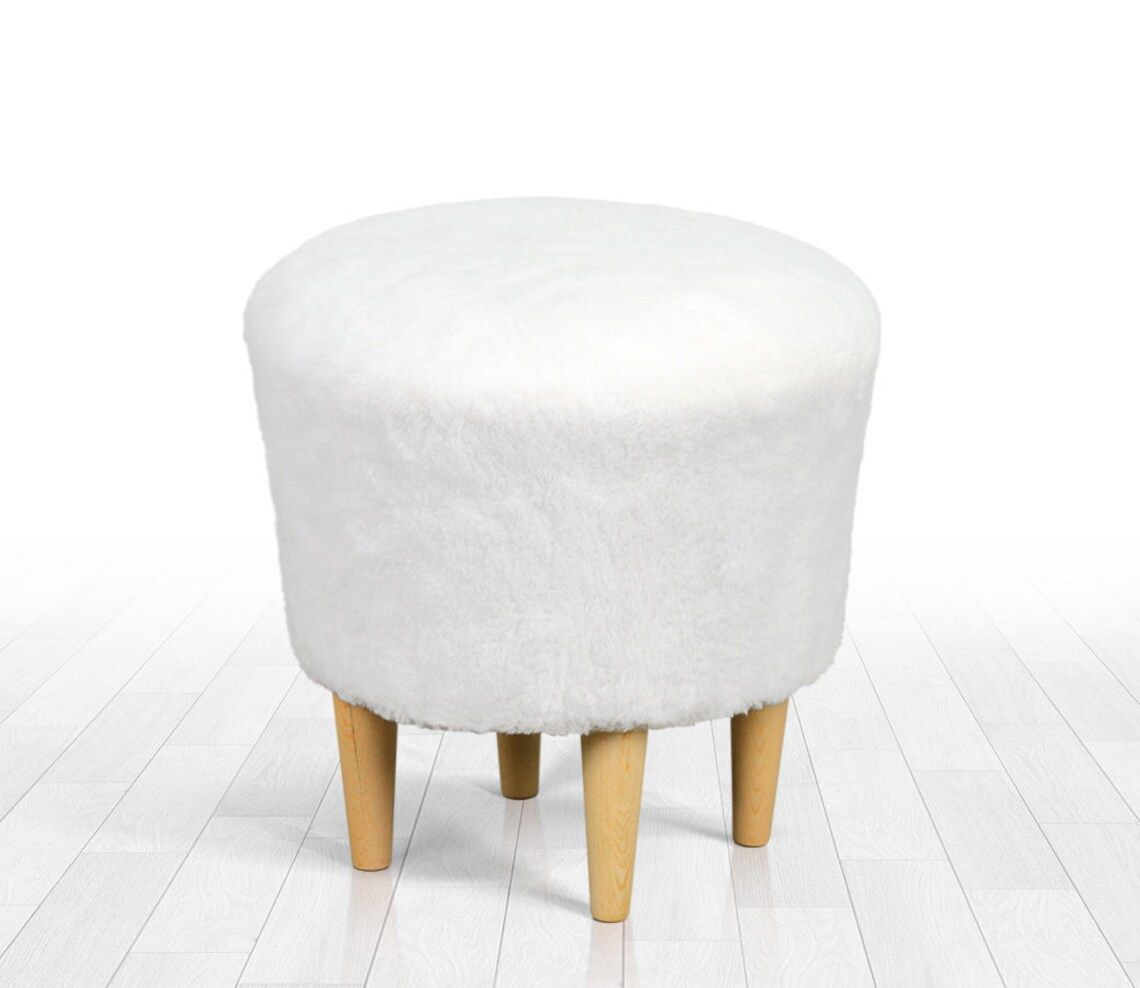 White Faux Sheeps Wool Pouf Ottoman White Olour Scandinavian | Etsy With Regard To Charcoal And White Wool Pouf Ottomans (Gallery 19 of 20)