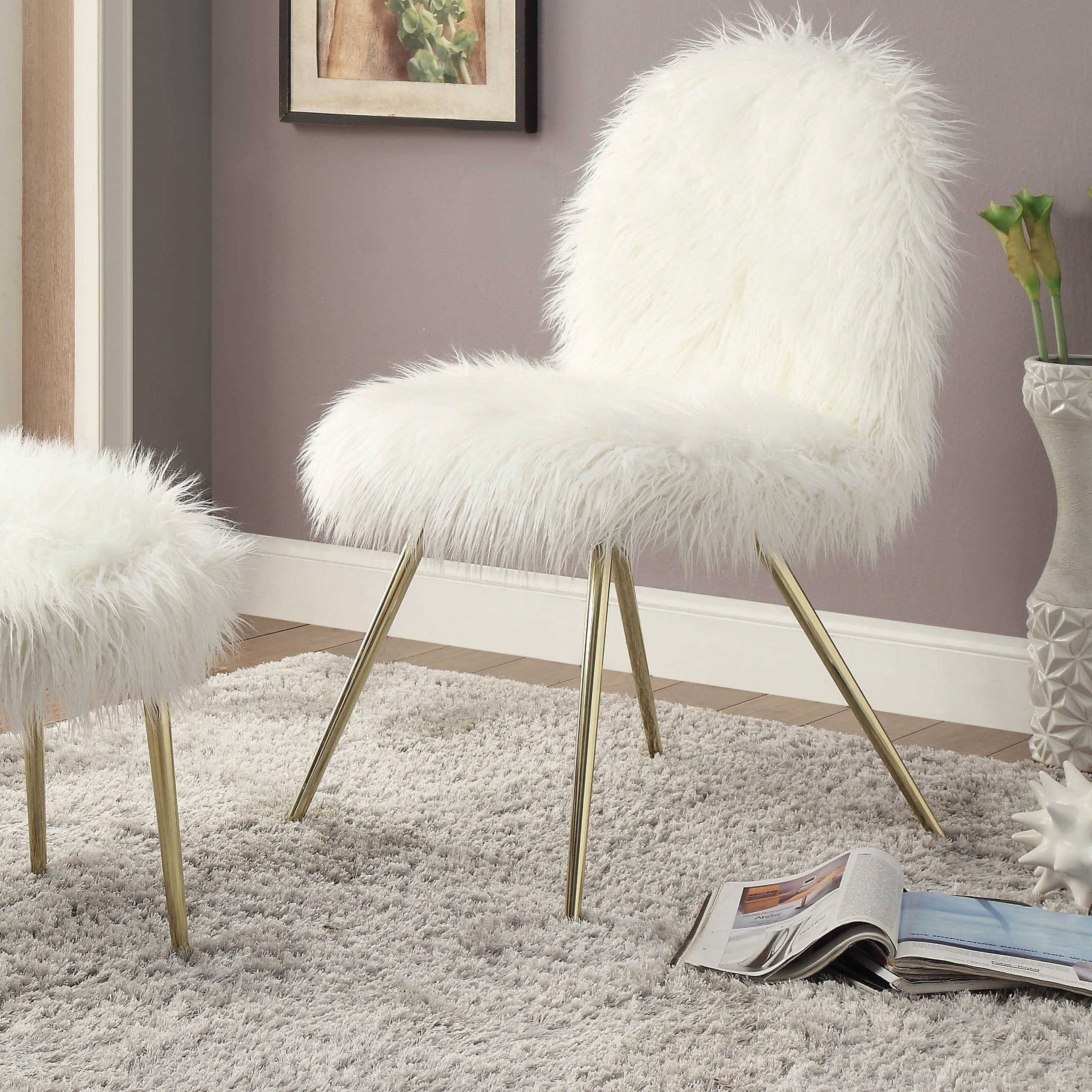 White Fluffy Chair Pertaining To White Faux Fur Round Accent Stools With Storage (View 8 of 20)
