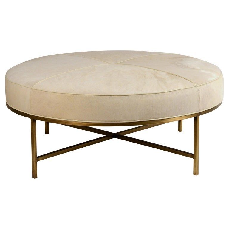 White Hide And Patinated Brass 'tambour' Ottomandesign Frères In Modern Gibson White Small Round Ottomans (View 5 of 20)