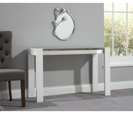 White High Gloss Console Table With Chrome Struts And Glass Top | In In Square High Gloss Console Tables (View 14 of 20)