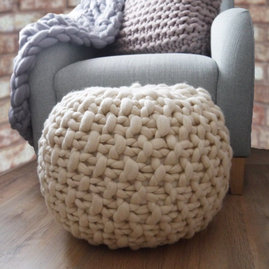 White Knitted Pouf Ottoman Footstool Cream Pouffe Ottoman With Regard To Charcoal And White Wool Pouf Ottomans (View 17 of 20)