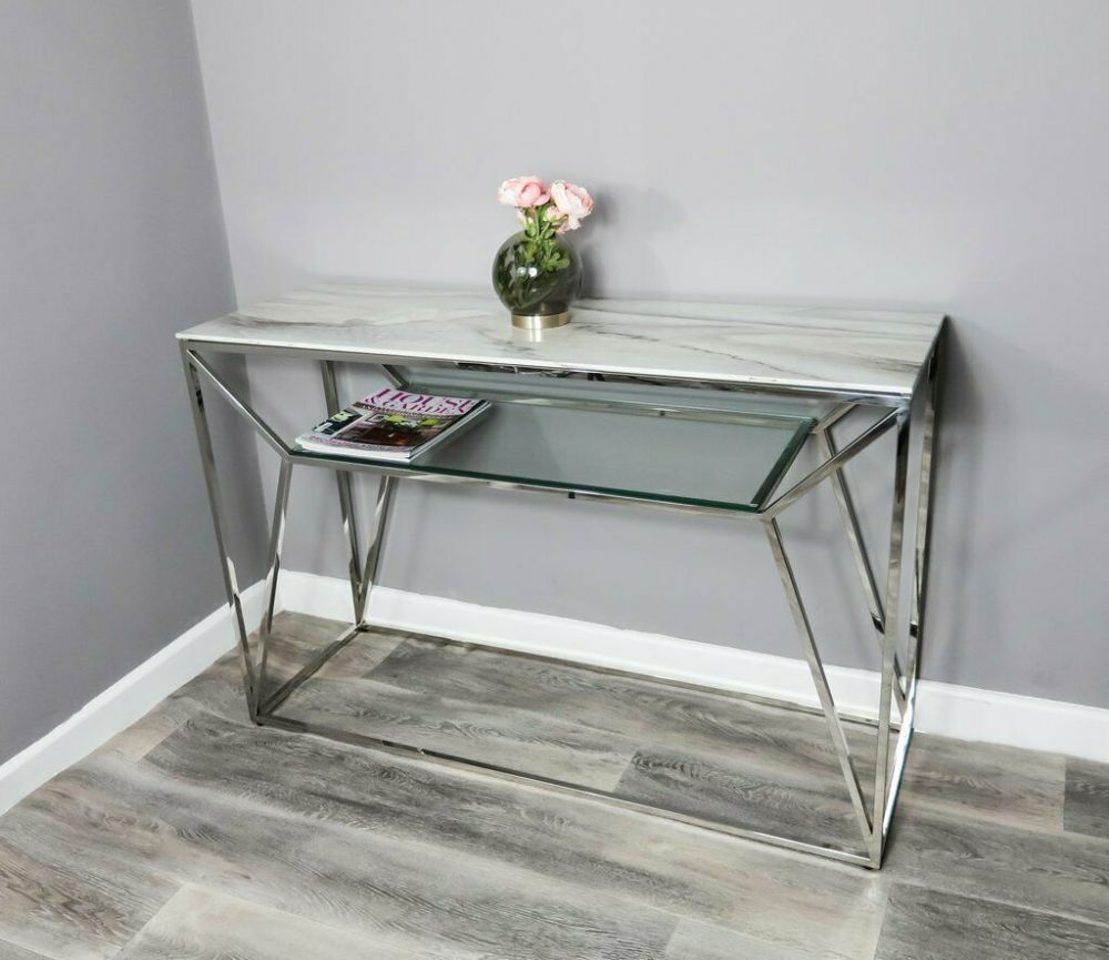 White Marble Glass Console Side Hall Table With Silver Stainless Steel In White Marble And Gold Console Tables (View 6 of 20)
