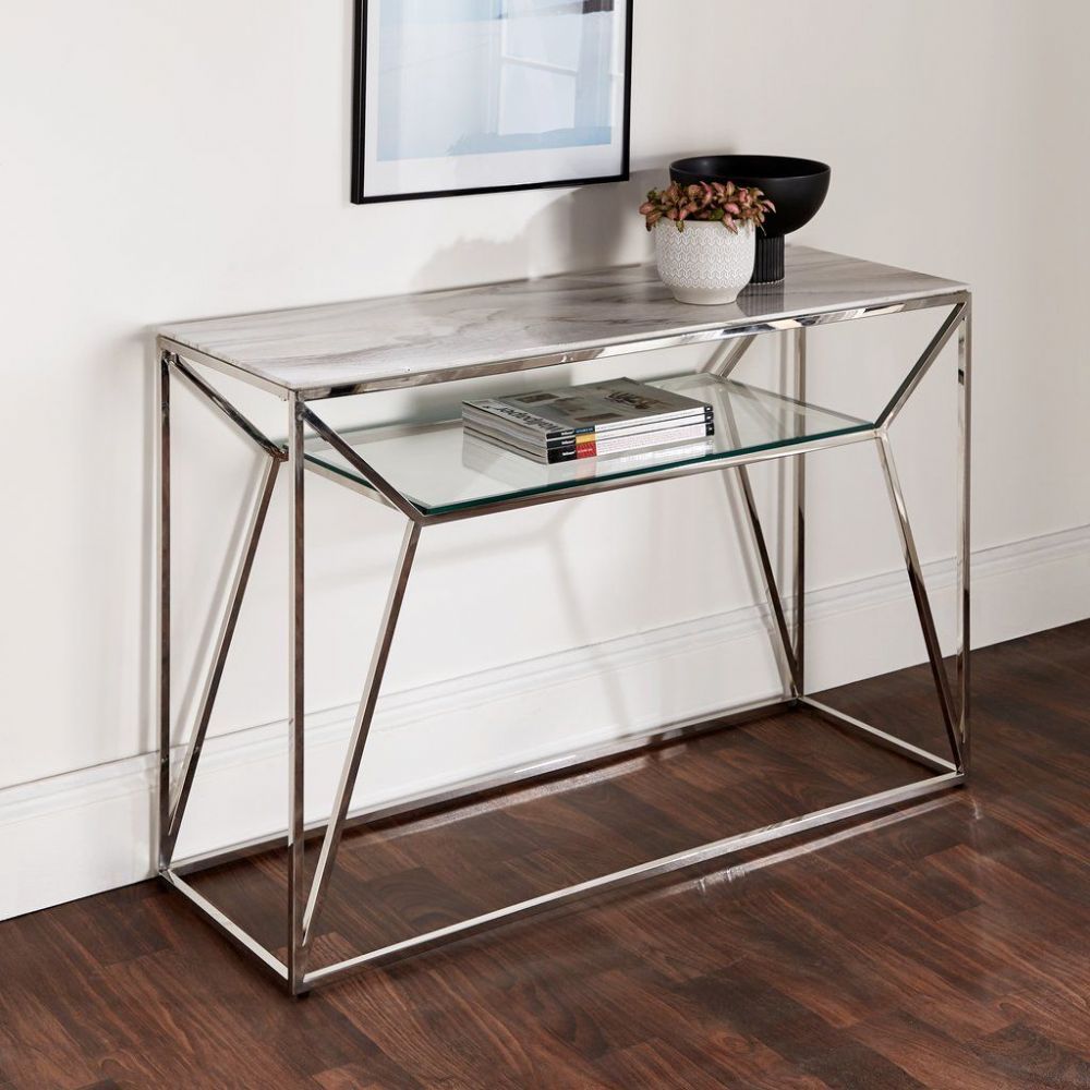 White Marble Glass Console Side Hall Table With Silver Stainless Steel Regarding Marble Console Tables Set Of  (View 1 of 20)
