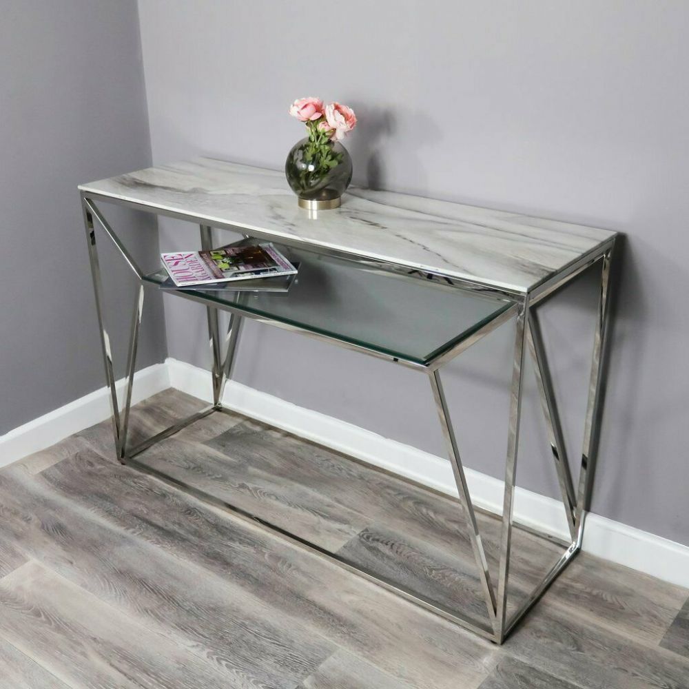 White Marble Glass Console Side Hall Table With Silver Stainless Steel With Glass And Pewter Console Tables (View 15 of 20)